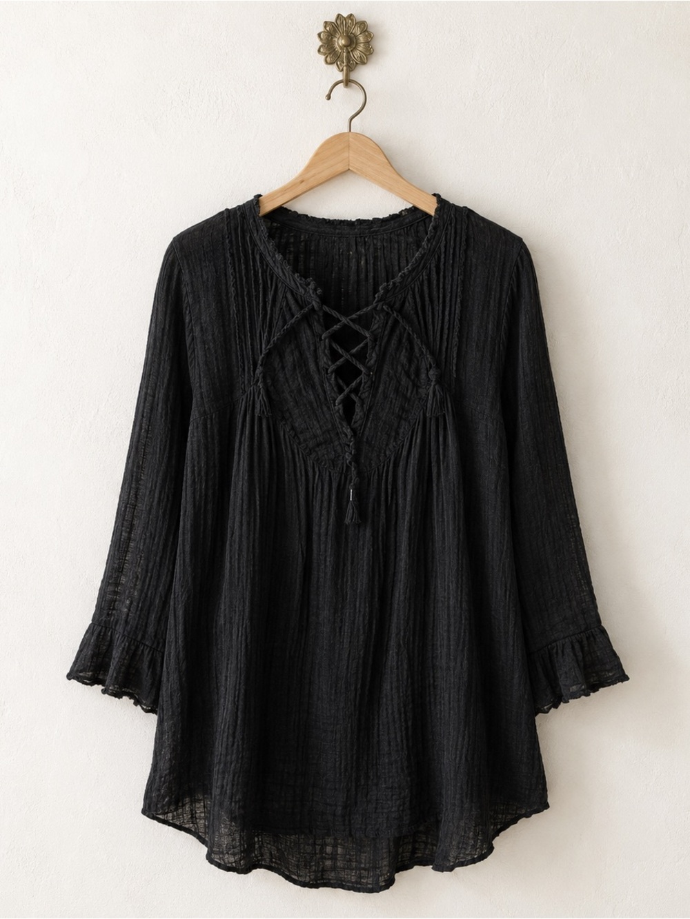 Free People black gauze boho chic bohemian lace flowy cover up top XS